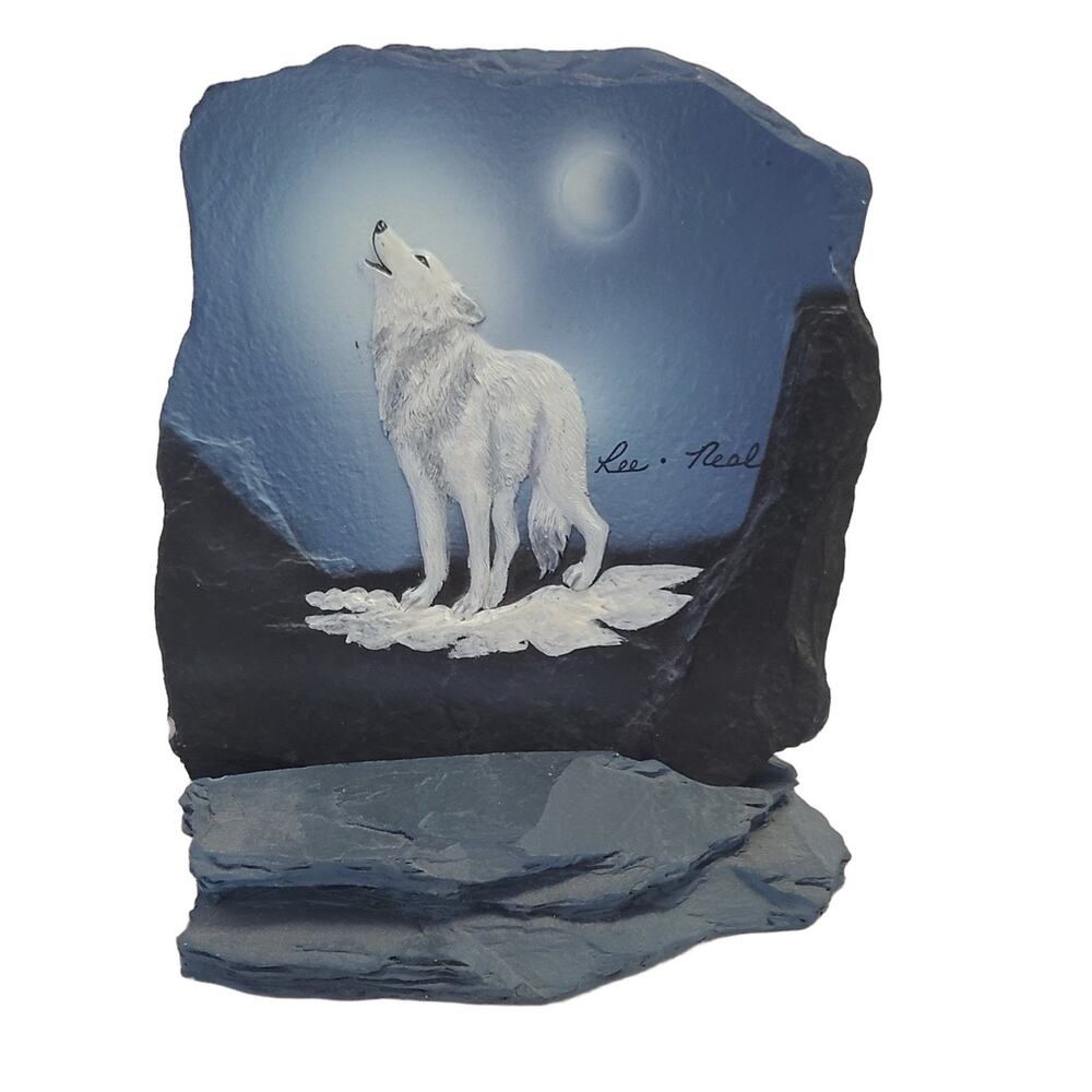 Reflections of Bay Life Art 00415 Wolf Howling at Moon Hand Painted Slate Stone